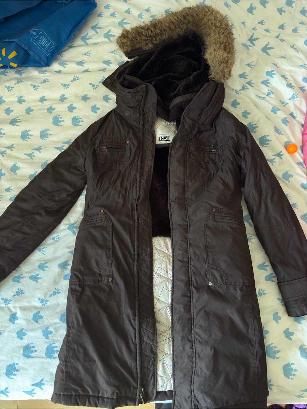 TNA Dark Brown Insulated Parka with Faux Fur Trimmed Hood